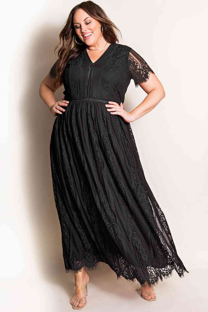 V-Neck Short Sleeve Lace Maxi Dress