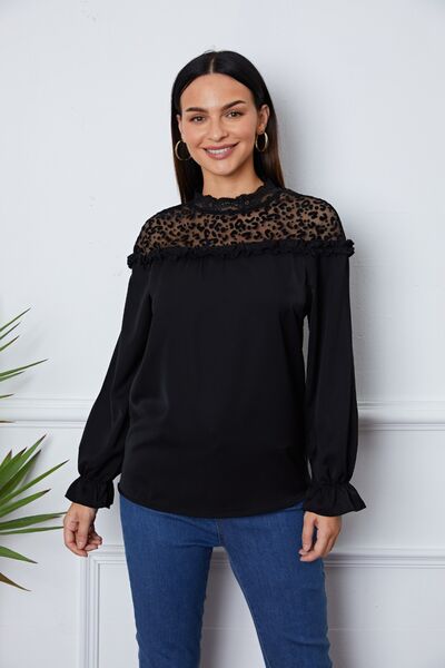 Leopard Frill Flounce Sleeve Blouse