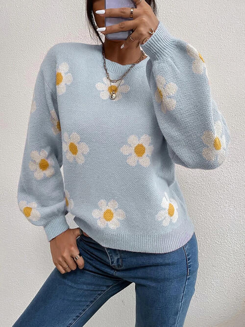 Flower Round Neck Latern Sleeve Sweater