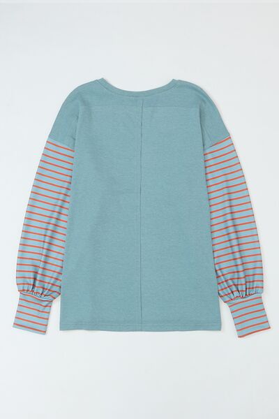 Striped Round Neck Lantern Sleeve Sweatshirt