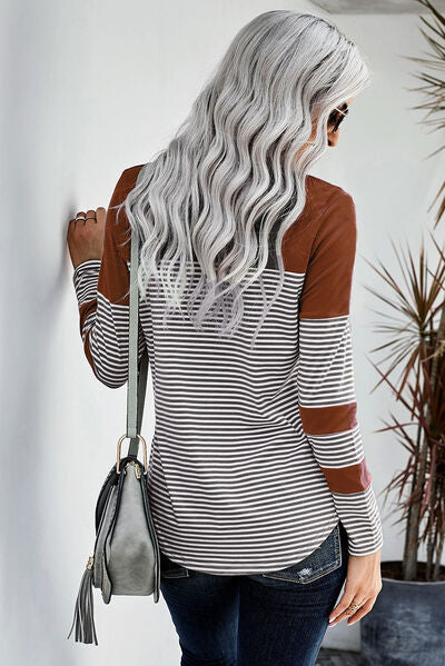 Pocketed Striped Round Neck T-Shirt