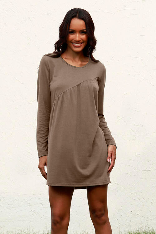 Ruched Round Neck Long Sleeve Dress