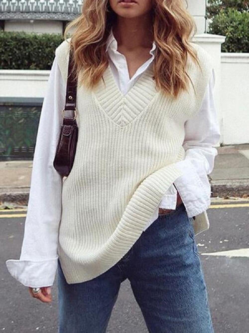 Ribbed V-Neck Sleeveless Sweater Vest