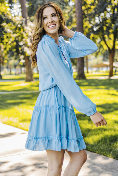 Frill Tie Neck Balloon Sleeve Dress