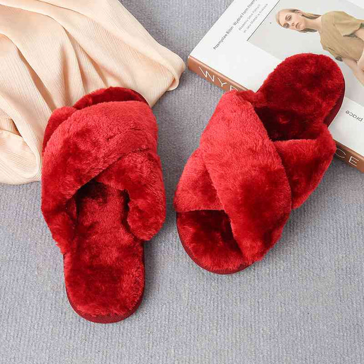 Faux Fur Crisscross Strap Slippers