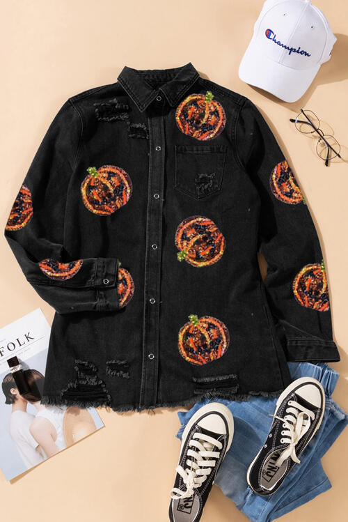 Sequin Patch Pumpkin Raw Hem Jacket