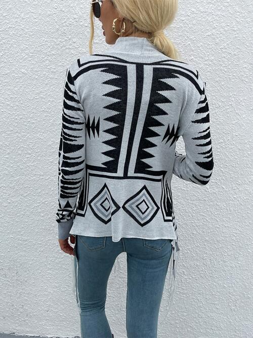 Geometric Fringe Hem Open Front Cardigan