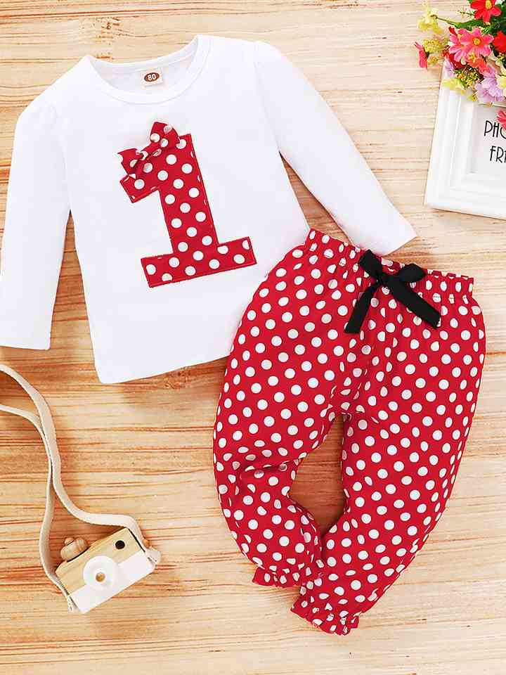 Round Neck Number One Graphic T-shirt and Polka Dot Pants Set