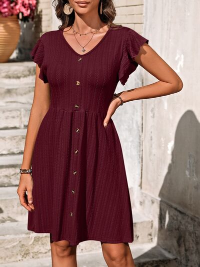 Decorative Button Ruffled V-Neck Dress