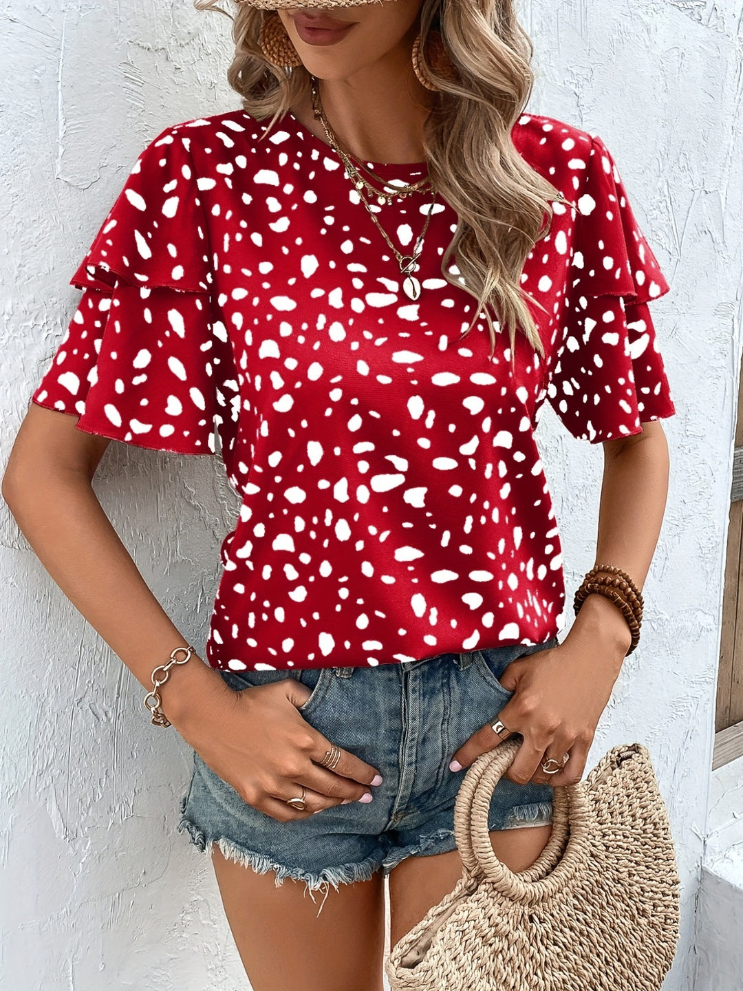 Printed Round Neck Short Sleeve Blouse