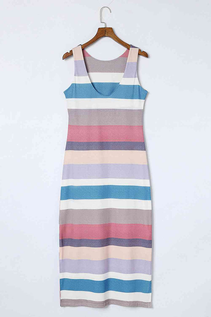 Striped Slit Sleeveless Maxi Dress