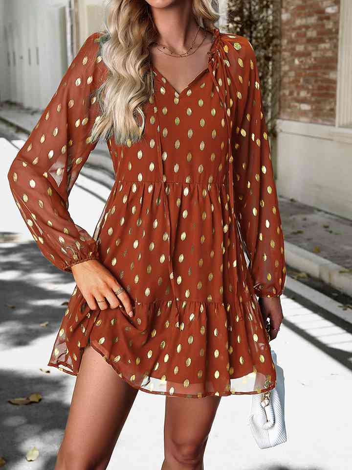 Tie Neck Long Sleeve Polka Dot Dress