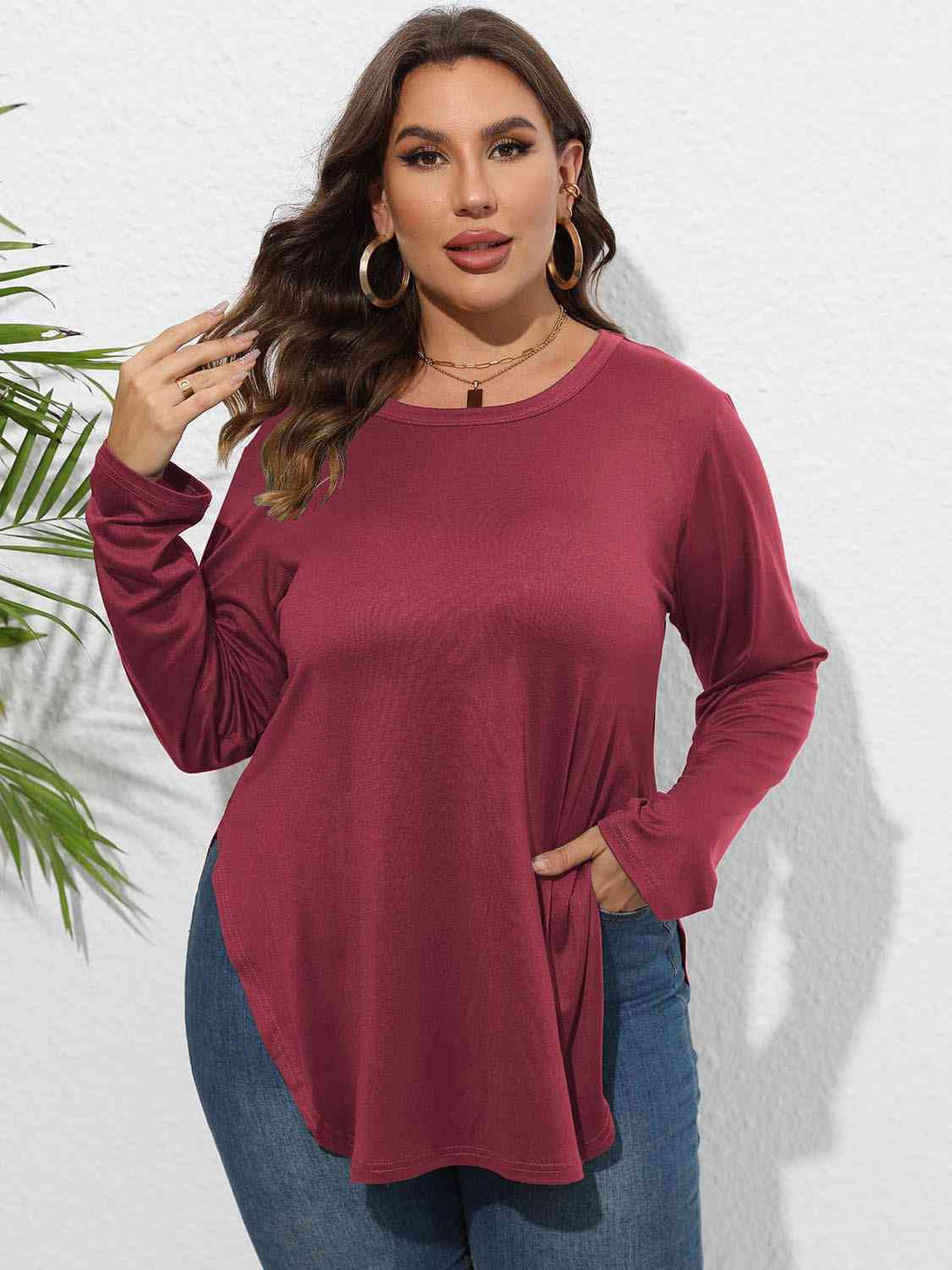 Plus Size Round Neck Long Sleeve Slit T-Shirt